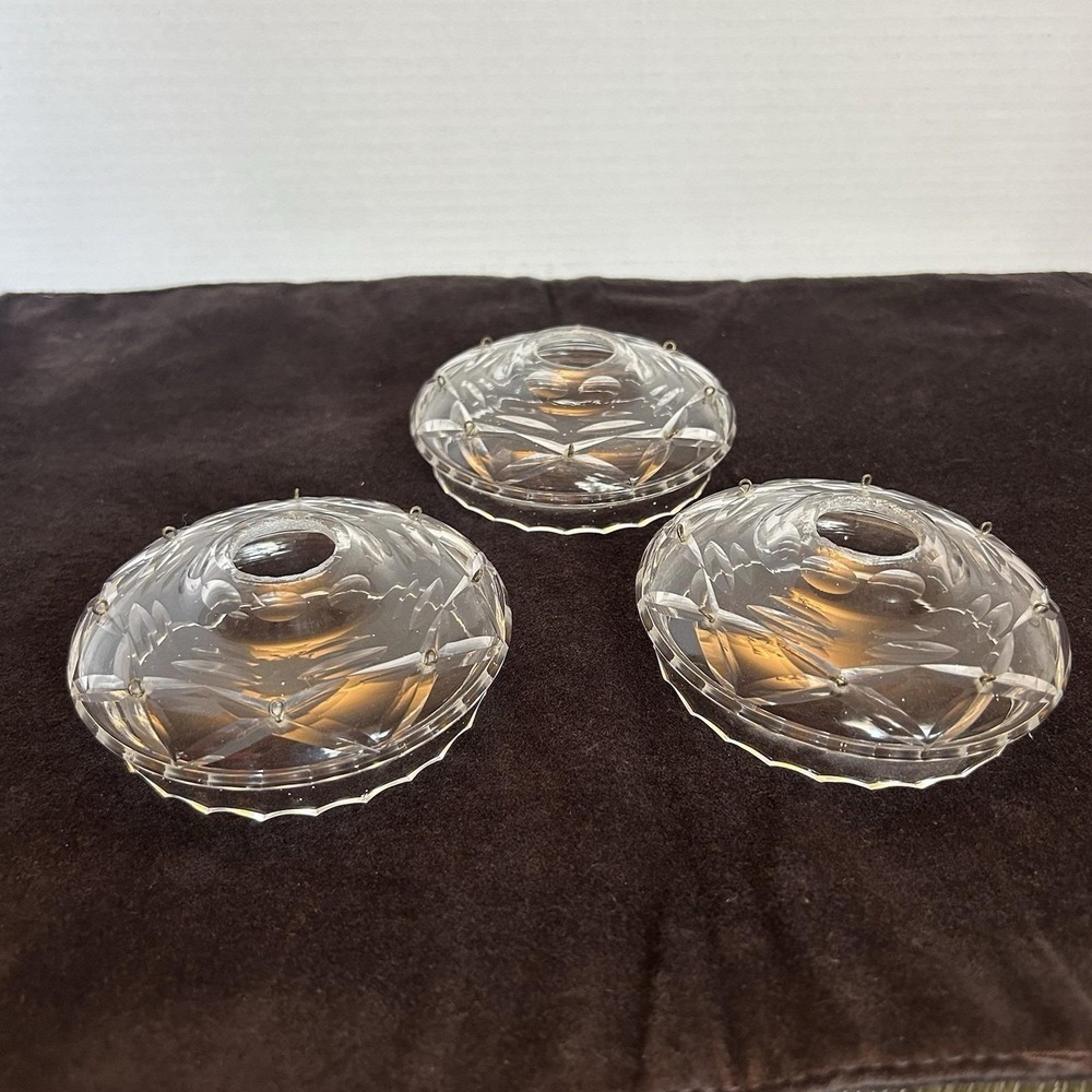 3 Cut Crystal Chandelier Bobeche Drip Pans 8 Prism Loops Replacement Vtg Antique